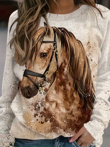 Women's Plus Horse Print Long Sleeve Round Neck Slight Stretch Top