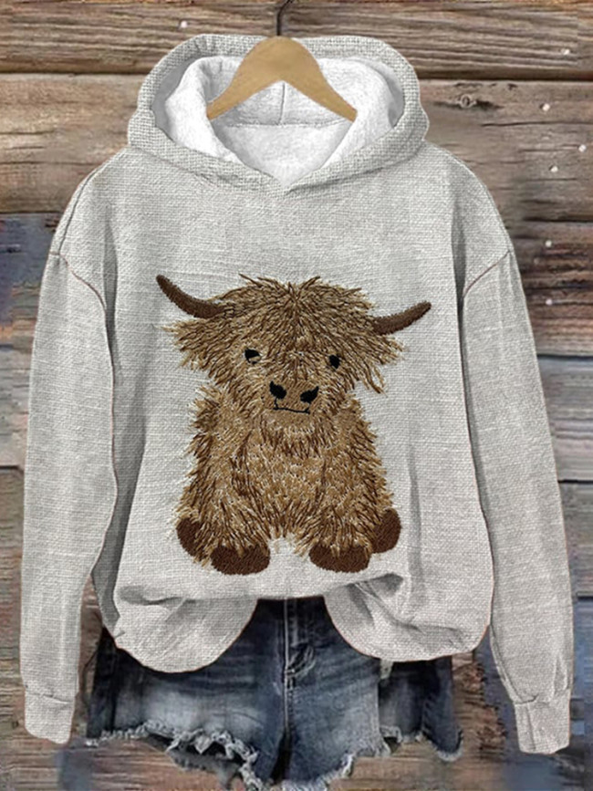 Highland Cow Print Casual Hoodie