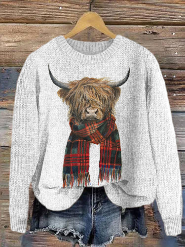 Western Highland Cow & Plaid Cozy Knit Sweater
