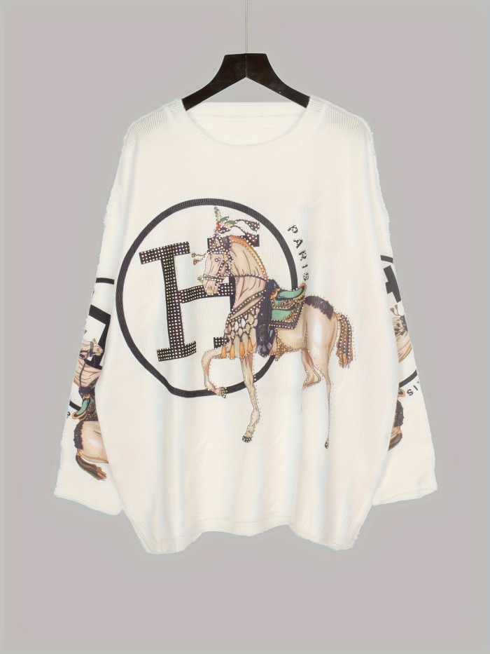 Women's Sweater Retro Print Hot Diamond War Horse