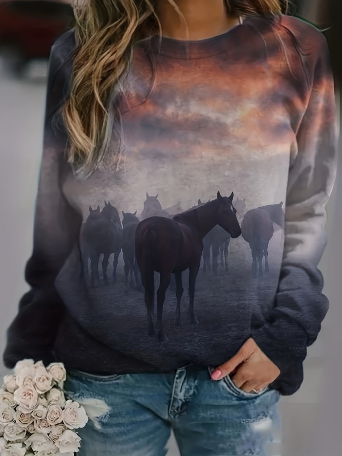 Horse Print Pullover Sweatshirt