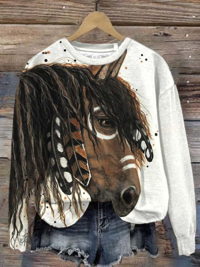 Women's Western Horse Print Long Sleeve Sweatshirt