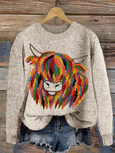 Colorful Highland Cow Embroidery Art Cozy Sweater