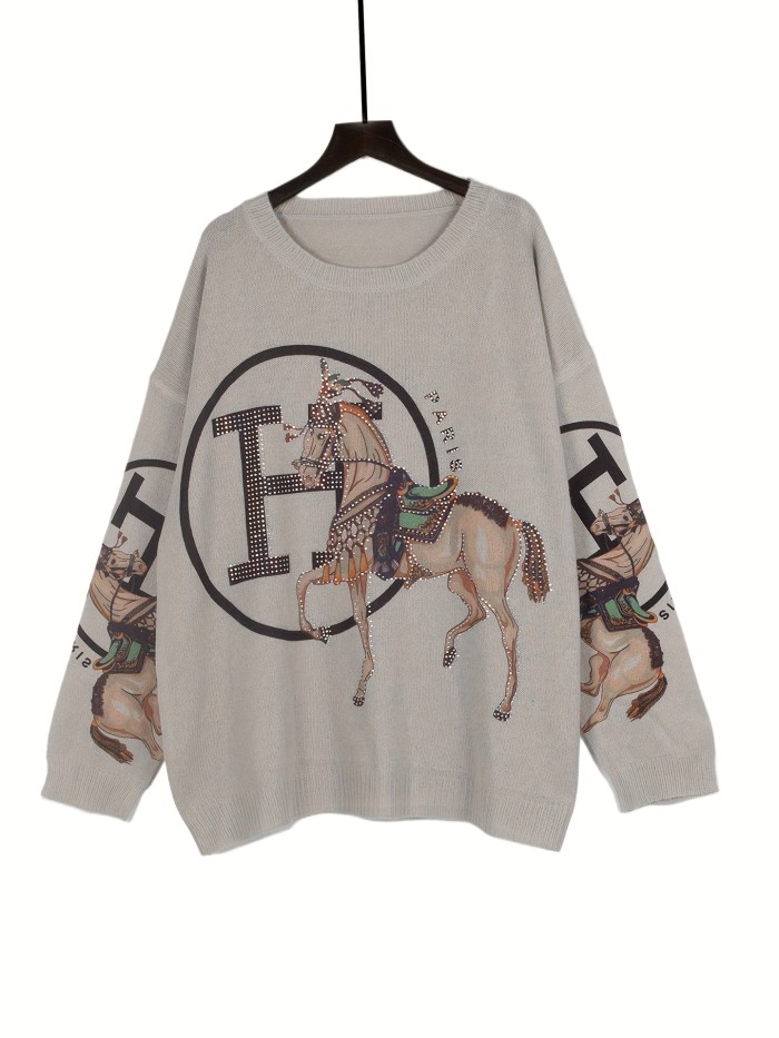 Women's Sweater Retro Print Hot Diamond War Horse