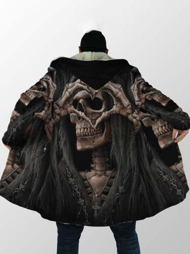 Men's Retro Punk Skull Print Hooded Long Jacket