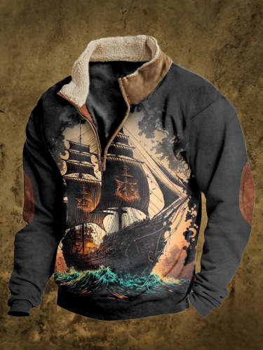 Men's Nautical Print Retro Velvet Collar Sweatshirt