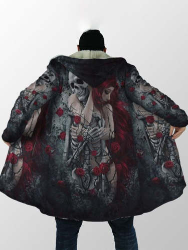 Men's Retro Punk Skull Print Hooded Long Jacket