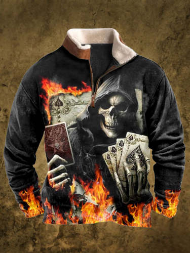 Retro Punk Skull Print Velvet Stand Collar Men's Sweatshirt