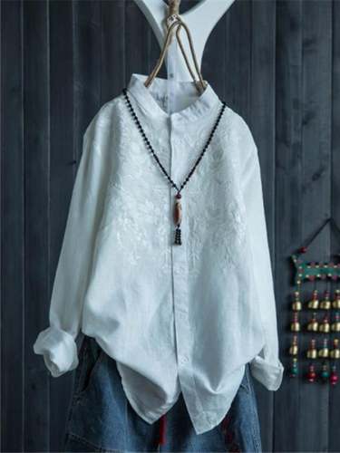 Women's Embroidered Standing Collar Literary Vintage Cotton Shirt