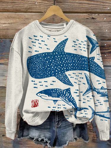 Women's Sharks Sea Fish Japanese Lino Art Print Cozy Sweatshirt