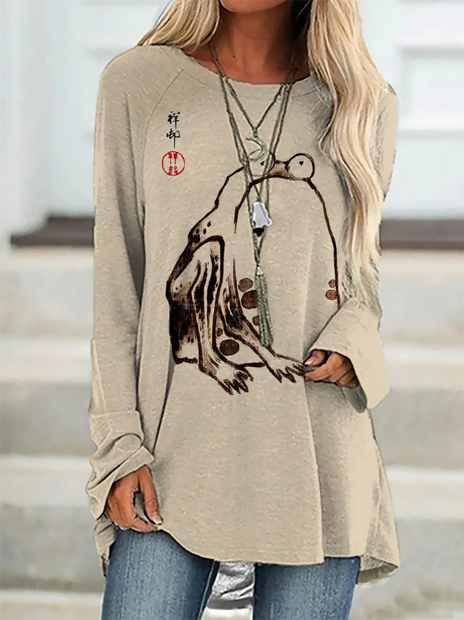 Women's Frog Japanese Ink Art Print Long Sleeve Tunic Top