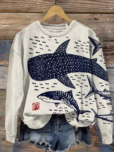 Women's Sharks Sea Fish Japanese Lino Art Print Cozy Sweatshirt