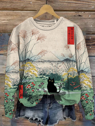 Women's Japanese Cat Print Edo Period Mount Fuji Print Casual Sweatshirt