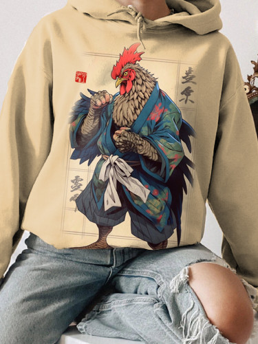Women's Japanese Fun Cock Samurai Print Hoodie