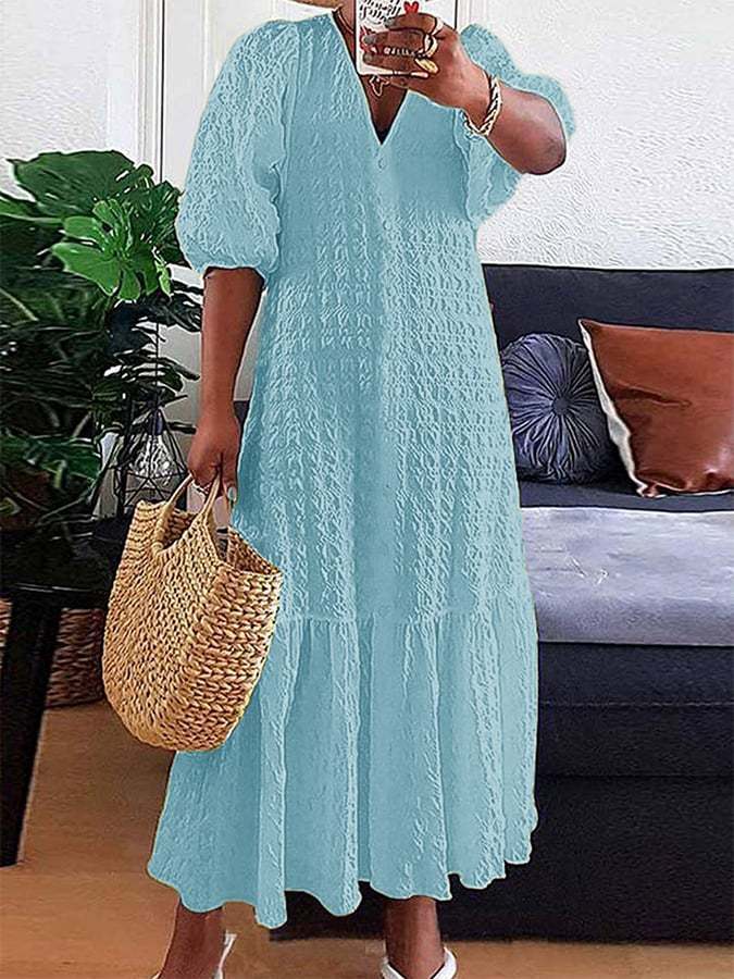 Solid V-Neck Button Pleated Casual Dress
