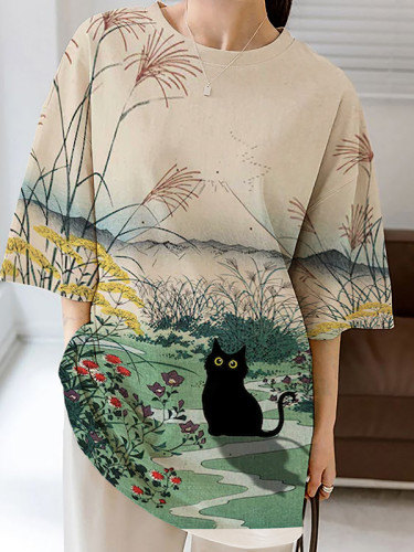 Women's Japanese Cat Print Edo Period Mount Fuji Print Casual Short Sleeve T-Shirt