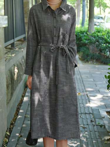 Women's Cotton Striped Belted Casual Shirt Dresses