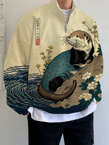 Men's Floral Otter Water Japanese Art Print Splice Zip Stand Collar Sweatshirt