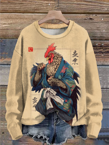 Women's Japan Fun Cock Samurai Art Print Casual Sweatshirt