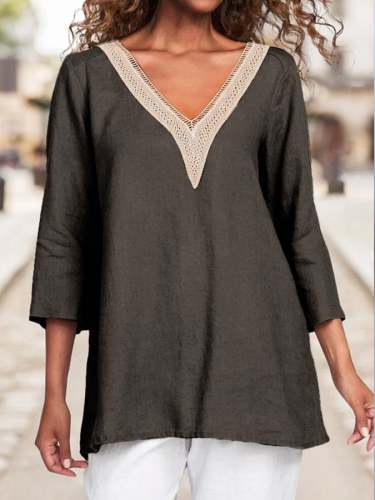 Women's Cotton Lace Hollow V-Neck Solid Color Casual Loose 3/4 Sleeve Shirt