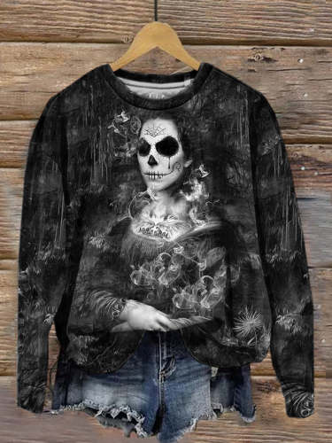 Retro Punk Skull Art Fashion Round Neck Pullover Long Sleeve Top
