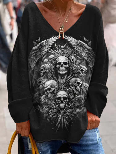 Retro Punk Dark Skull Art Print Fashionable V-Neck Pullover Long-Sleeved Top