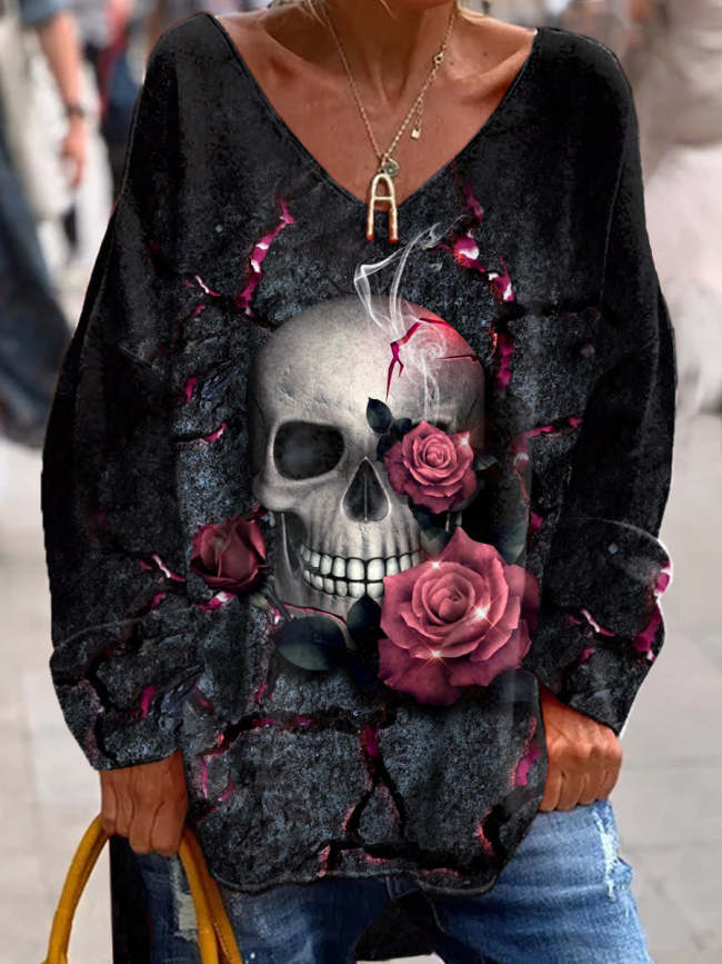 Retro Punk Dark Skull Art Print Fashion V-Neck Long-Sleeved Top