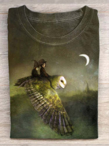 Unisex Magic Owl Witch Print Casual Short Sleeve T-Shirt