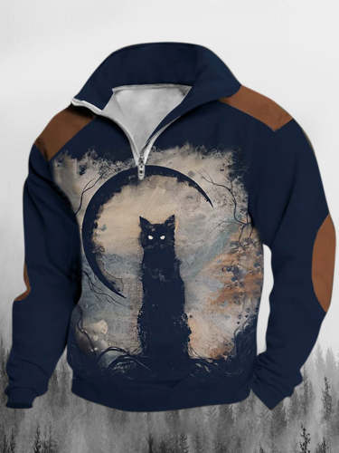 Men's Retro Punk Moonlight Cat Printed Stand Collar Button Flush Outdoor Sweatshirt