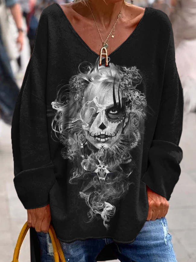 Retro Punk Dark Skull Art Print Fashionable V-Neck Pullover Long-Sleeved Top