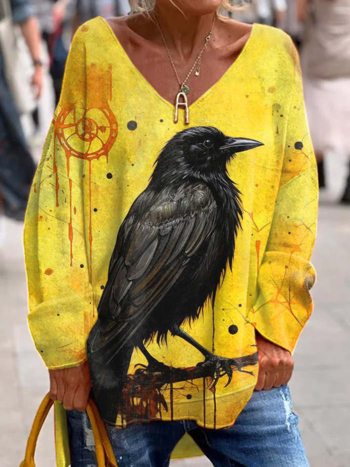 Women's Raven Print Casual V-Neck Long Sleeve T-Shirt