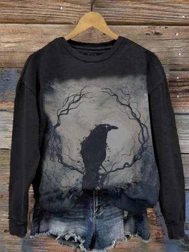 Halloween Retro Crow Print Sweatshirt