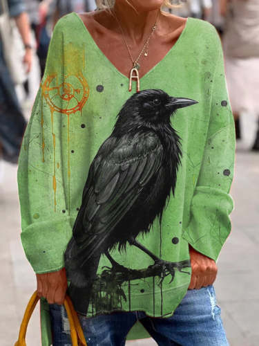 Women's Raven Print Casual V-Neck Long Sleeve T-Shirt