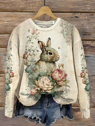Retro Rabbit Art Print Fashionable Round Neck Pullover Long Sleeve Top