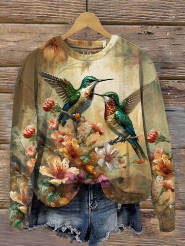 Retro Bird Art Print Fashionable Round Neck Pullover Long Sleeve Top