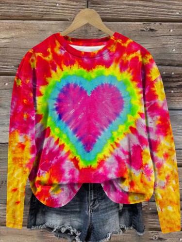Vintage Tie-Dye Heart Print Crew Neck Sweatshirt