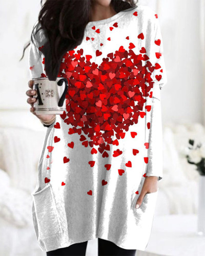 Valentine's Day Heart Print Crew Neck Long Sleeve Midi Top