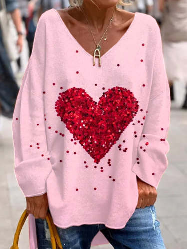 Women's Valentine's Day Love Print Casual V-Neck Long Sleeve T-Shirt
