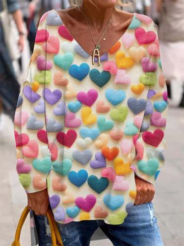 Women's Colorful Heart Print V-Neck Long Sleeve Top