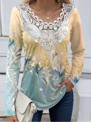 Women's Casual Lace Art Graphic Print Long Sleeve Top