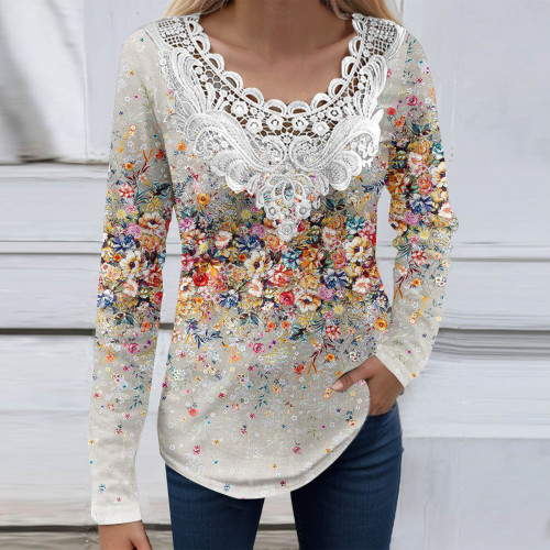 Casual Floral Lace Long Sleeve Pullover Top
