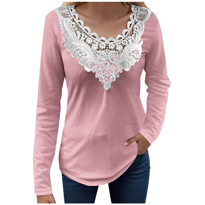 Casual Solid Color Lace Long Sleeve Pullover Top