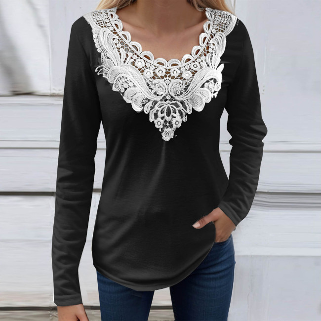 Casual Solid Color Lace Long Sleeve Pullover Top