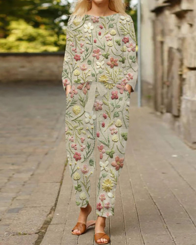 Casual Embroidered Floral Print Two-piece Set