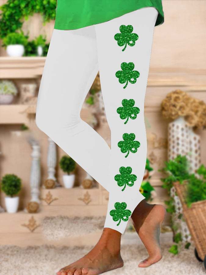Women's St. Patrick's Day Glitter Lucky Shamrock Print Stretch Leggings