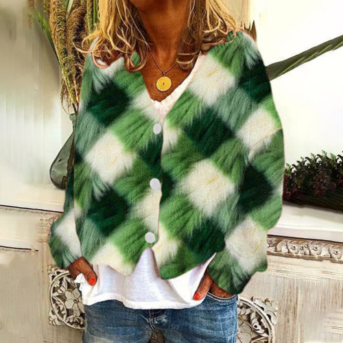 St. Patrick's Day Plaid Square Art Print V-Neck Knitted Cardigan