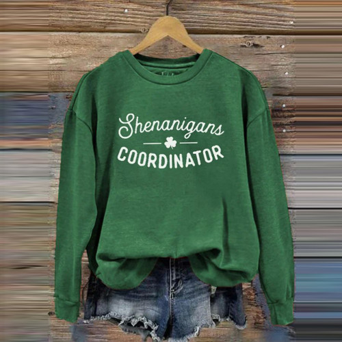 Shenanigans Coordinator St. Patrick's Day Shamrock Slainte Print Crew Neck Sweatshirt