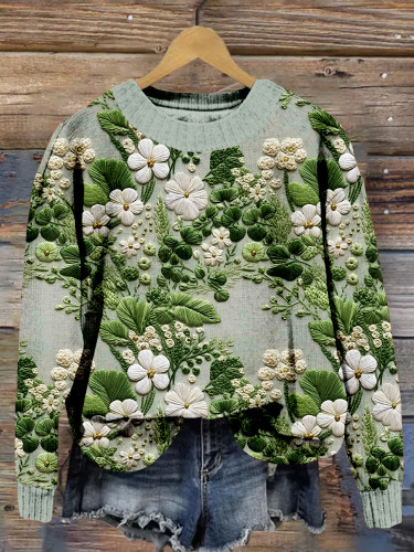Green St Patrick's Day Floral Embroidery Art Cozy Sweater