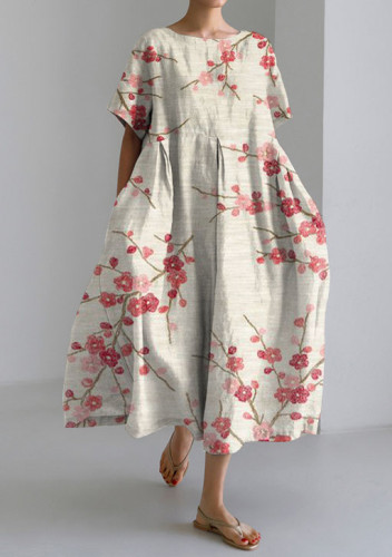 Japanese Plum Blossom Art Retro Short-sleeved Loose Midi Dress