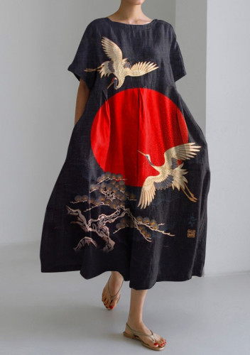 Crane and Sunrise Japanese Art Vintage Short Sleeve Midi Dress